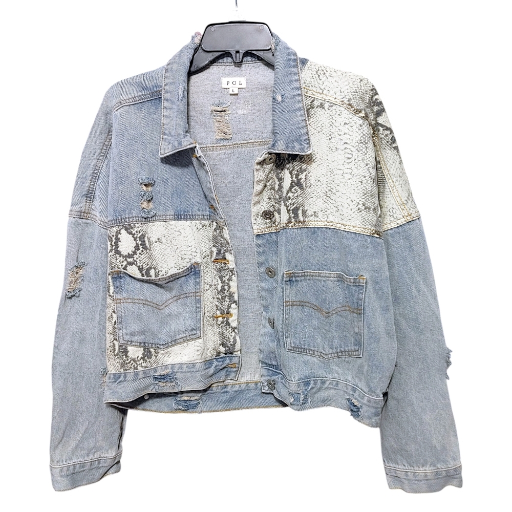 POL Snakeskin Patch Button Up Dustressed Denim Jean Jacket Women's Size Large L - Picture 5 of 15